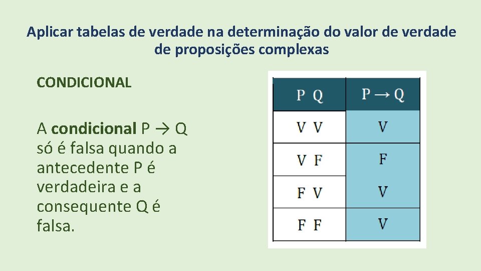 Aplicar tabelas de verdade na determinação do valor de verdade de proposições complexas CONDICIONAL