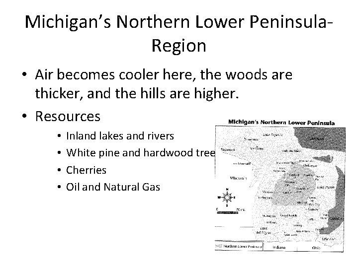 Michigan’s Northern Lower Peninsula. Region • Air becomes cooler here, the woods are thicker,