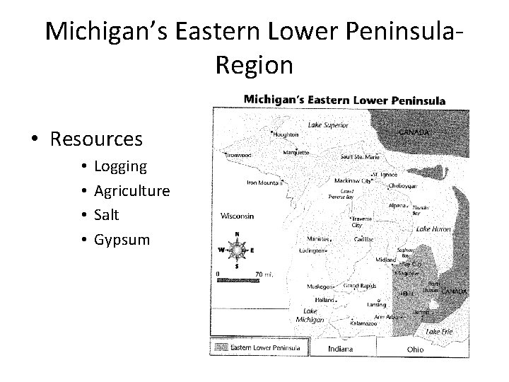 Michigan’s Eastern Lower Peninsula. Region • Resources • • Logging Agriculture Salt Gypsum 