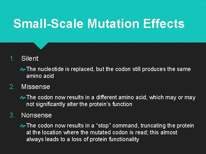 Small-Scale Mutation Effects 1. Silent The nucleotide is replaced, but the codon still produces