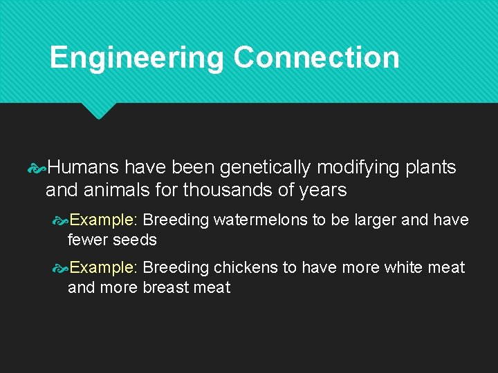 Engineering Connection Humans have been genetically modifying plants and animals for thousands of years