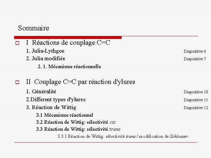 Sommaire o I Réactions de couplage C=C 1. Julia-Lythgoe 2. Julia modifiée Diapositive 6