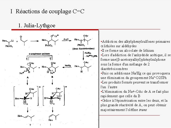 I Réactions de couplage C=C 1. Julia-Lythgoe • Addiction des alkylphenylsulfones primaires lithiées sur