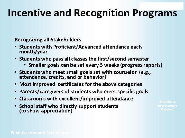 Incentive and Recognition Programs Recognizing all Stakeholders • Students with Proficient/Advanced attendance each month/year