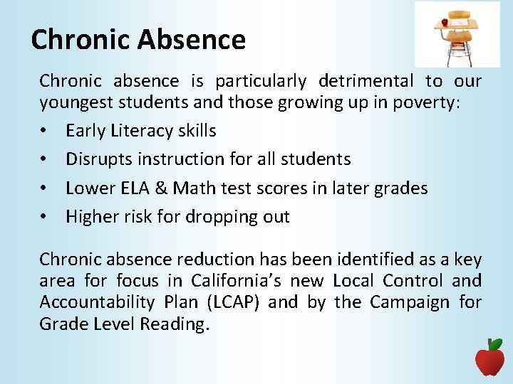 Chronic Absence Chronic absence is particularly detrimental to our youngest students and those growing