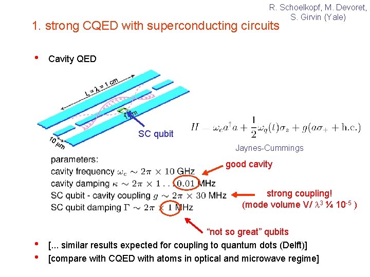 R. Schoelkopf, M. Devoret, S. Girvin (Yale) 1. strong CQED with superconducting circuits •