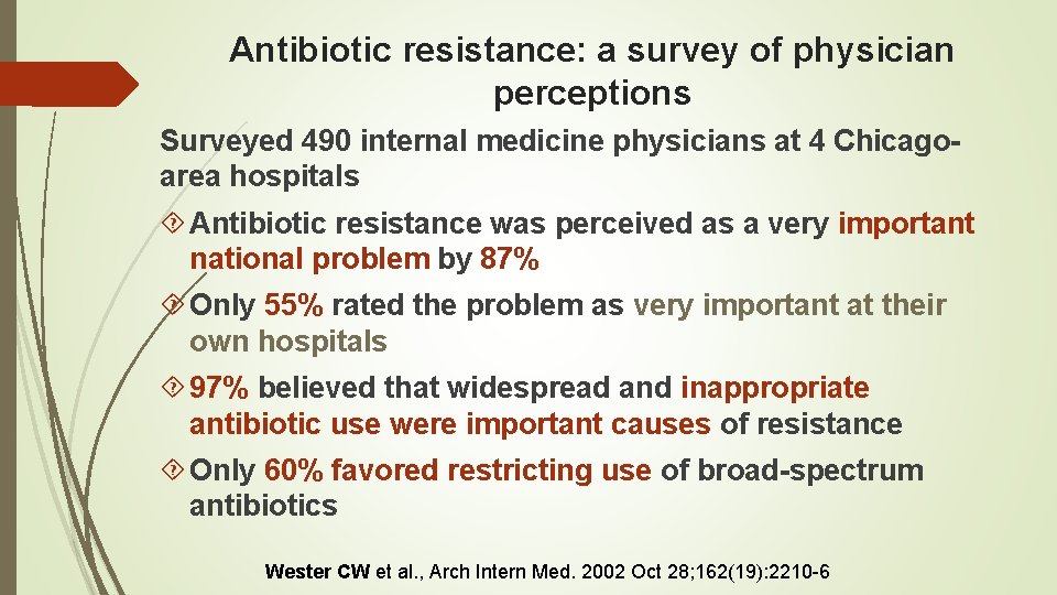 Antibiotic resistance: a survey of physician perceptions Surveyed 490 internal medicine physicians at 4