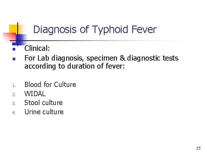 Diagnosis of Typhoid Fever n n 1. 2. 3. 4. Clinical: For Lab diagnosis,