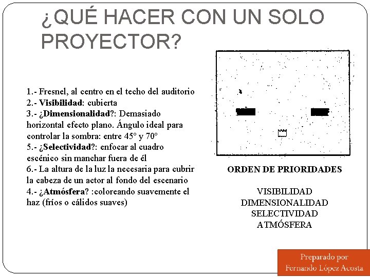 ¿QUÉ HACER CON UN SOLO PROYECTOR? 1. - Fresnel, al centro en el techo