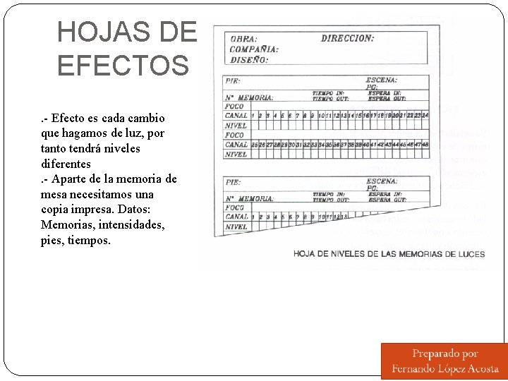 HOJAS DE EFECTOS. - Efecto es cada cambio que hagamos de luz, por tanto