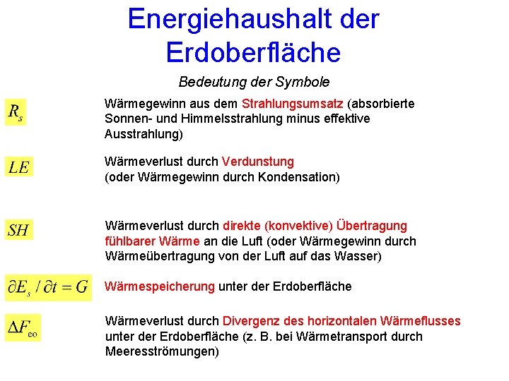 Energiehaushalt der Erdoberfläche Bedeutung der Symbole Wärmegewinn aus dem Strahlungsumsatz (absorbierte Sonnen- und Himmelsstrahlung