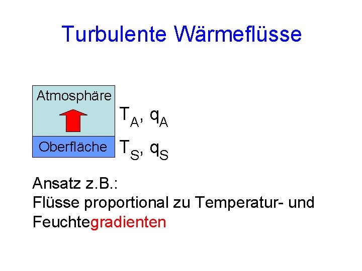 Turbulente Wärmeflüsse Atmosphäre TA, q A Oberfläche TS, q S Ansatz z. B. :