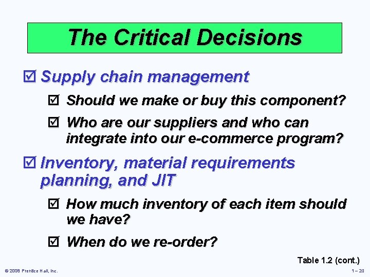 The Critical Decisions þ Supply chain management þ Should we make or buy this