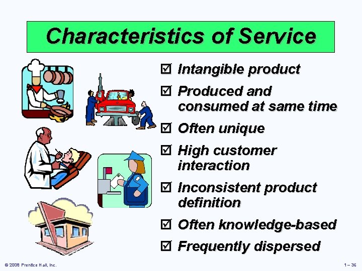 Characteristics of Service þ Intangible product þ Produced and consumed at same time þ