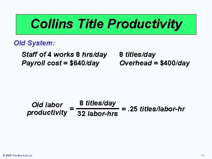 Collins Title Productivity Old System: Staff of 4 works 8 hrs/day Payroll cost =