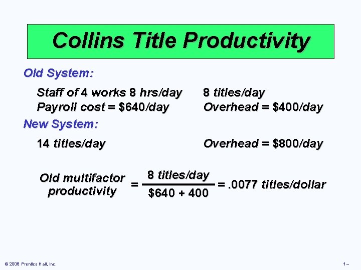 Collins Title Productivity Old System: Staff of 4 works 8 hrs/day Payroll cost =