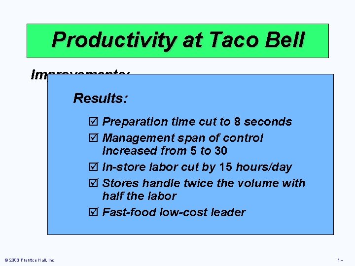 Productivity at Taco Bell Improvements: þResults: Revised the menu þ Designed meals for easy