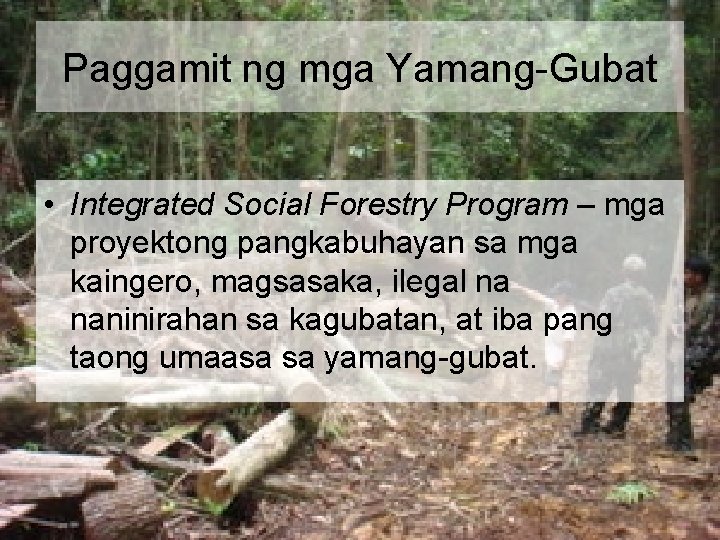 Paggamit ng mga Yamang-Gubat • Integrated Social Forestry Program – mga proyektong pangkabuhayan sa