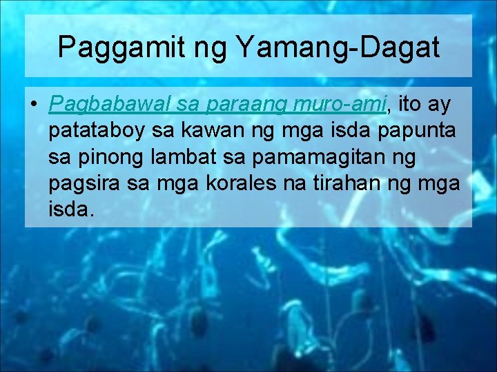 Paggamit ng Yamang-Dagat • Pagbabawal sa paraang muro-ami, ito ay patataboy sa kawan ng