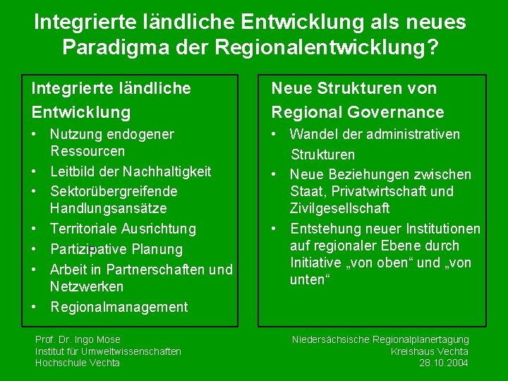 Integrierte ländliche Entwicklung als neues Paradigma der Regionalentwicklung? Integrierte ländliche Entwicklung Neue Strukturen von