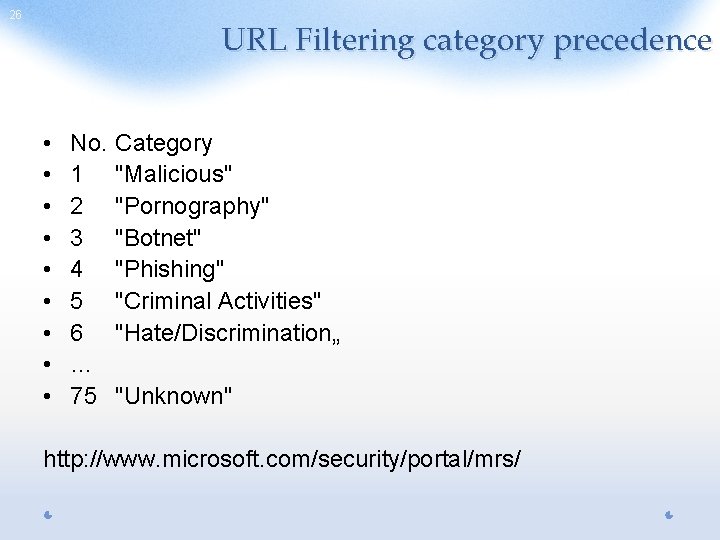 26 URL Filtering category precedence • • • No. 1 2 3 4 5