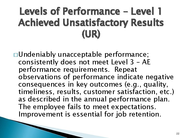 Levels of Performance – Level 1 Achieved Unsatisfactory Results (UR) � Undeniably unacceptable performance;