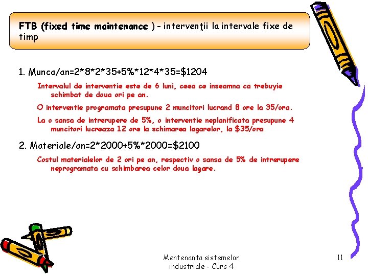 FTB (fixed time maintenance ) - intervenţii la intervale fixe de timp 1. Munca/an=2*8*2*35+5%*12*4*35=$1204