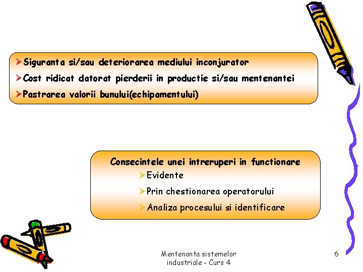 ØSiguranta si/sau deteriorarea mediului inconjurator ØCost ridicat datorat pierderii in productie si/sau mentenantei ØPastrarea