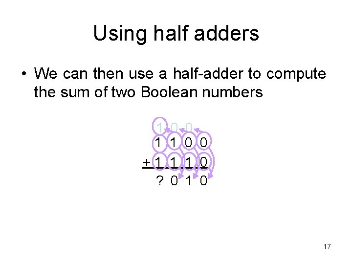 Using half adders • We can then use a half-adder to compute the sum