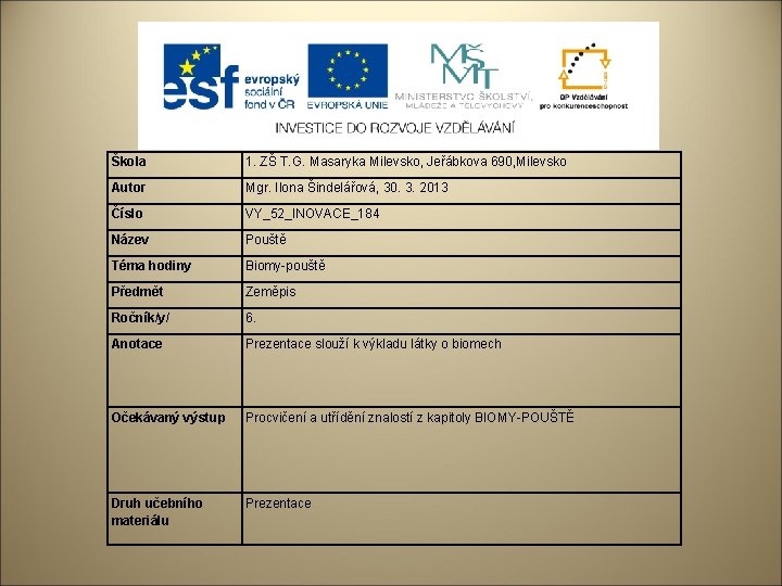 Škola 1. ZŠ T. G. Masaryka Milevsko, Jeřábkova 690, Milevsko Autor Mgr. Ilona Šindelářová,