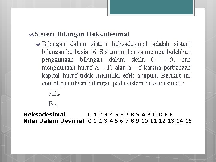  Sistem Bilangan Heksadesimal Bilangan dalam sistem heksadesimal adalah sistem bilangan berbasis 16. Sistem