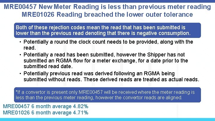 MRE 00457 New Meter Reading is less than previous meter reading MRE 01026 Reading