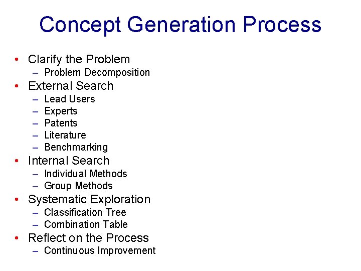 Concept Generation Process • Clarify the Problem – Problem Decomposition • External Search –