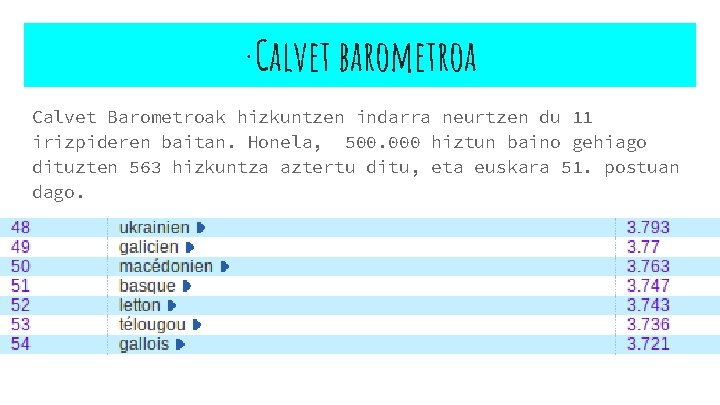 ·Calvet barometroa Calvet Barometroak hizkuntzen indarra neurtzen du 11 irizpideren baitan. Honela, 500. 000