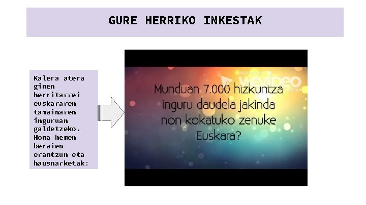 GURE HERRIKO INKESTAK Kalera atera ginen herritarrei euskararen tamainaren inguruan galdetzeko. Hona hemen beraien