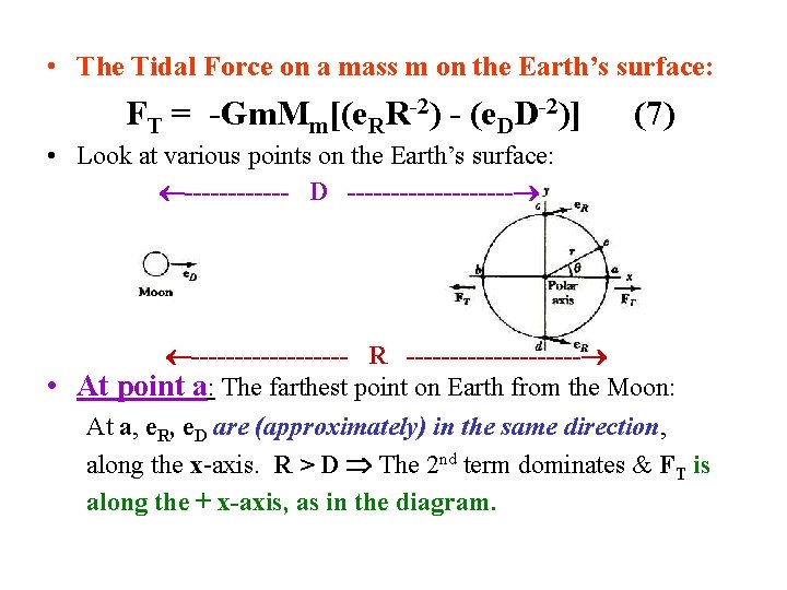 • The Tidal Force on a mass m on the Earth’s surface: FT • The Tidal Force on a mass m on the Earth’s surface: FT