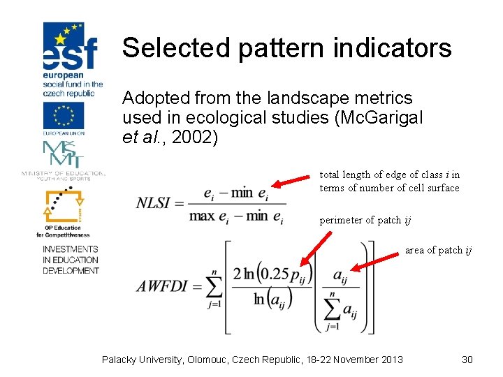 Selected pattern indicators Adopted from the landscape metrics used in ecological studies (Mc. Garigal