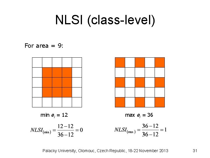 NLSI (class-level) For area = 9: min ei = 12 max ei = 36