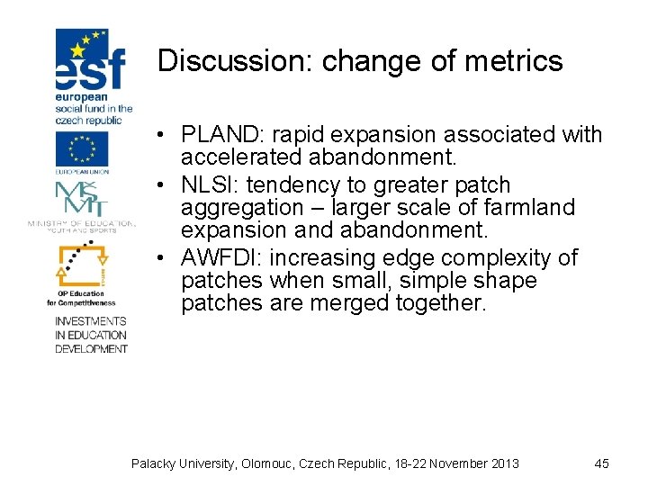 Discussion: change of metrics • PLAND: rapid expansion associated with accelerated abandonment. • NLSI: