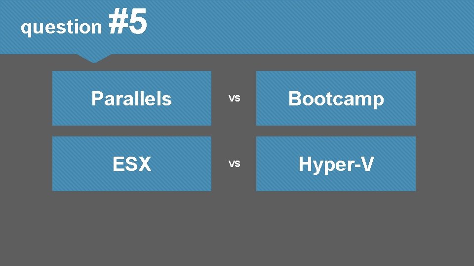 question #5 Parallels VS Bootcamp ESX VS Hyper-V 