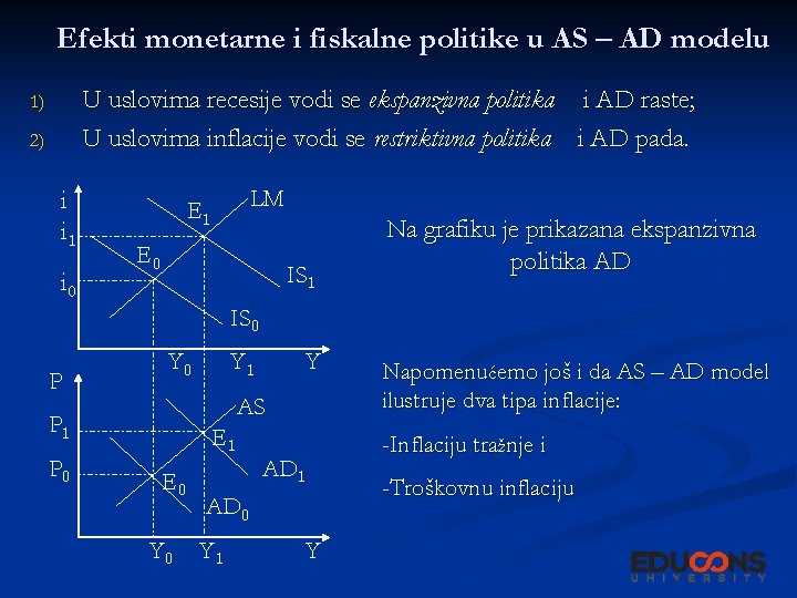 Efekti monetarne i fiskalne politike u AS – AD modelu U uslovima recesije vodi Efekti monetarne i fiskalne politike u AS – AD modelu U uslovima recesije vodi