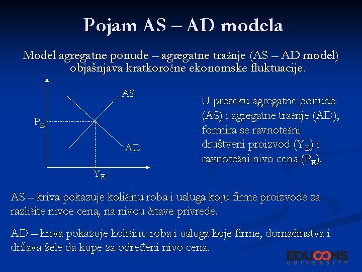 Pojam AS – AD modela Model agregatne ponude – agregatne tražnje (AS – AD Pojam AS – AD modela Model agregatne ponude – agregatne tražnje (AS – AD