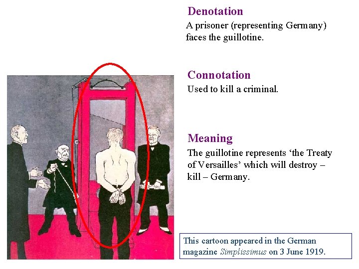 Denotation A prisoner (representing Germany) faces the guillotine. Connotation Used to kill a criminal. Denotation A prisoner (representing Germany) faces the guillotine. Connotation Used to kill a criminal.