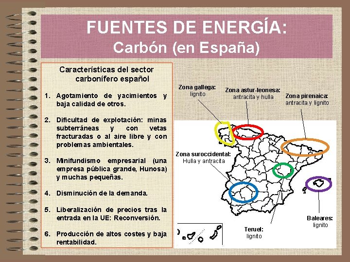 FUENTES DE ENERGÍA: Carbón (en España) Características del sector carbonífero español 1. Agotamiento de