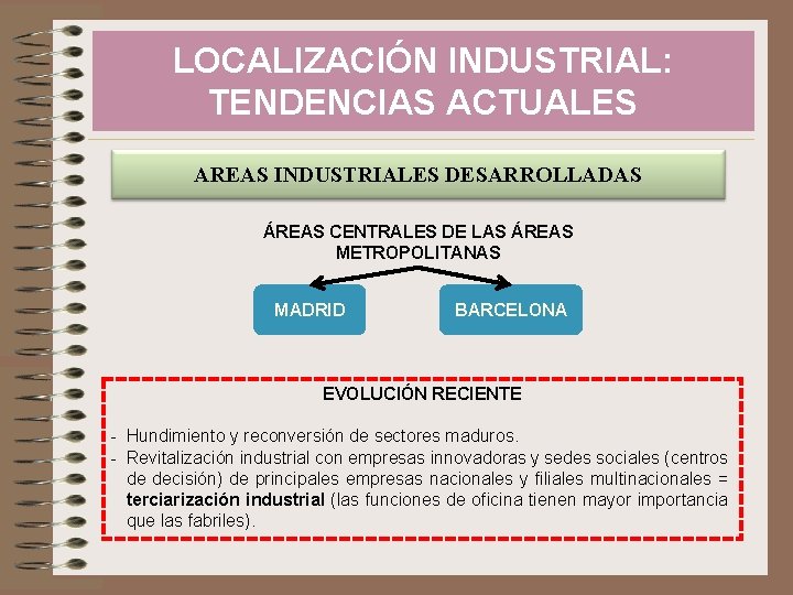 LOCALIZACIÓN INDUSTRIAL: TENDENCIAS ACTUALES AREAS INDUSTRIALES DESARROLLADAS ÁREAS CENTRALES DE LAS ÁREAS METROPOLITANAS MADRID