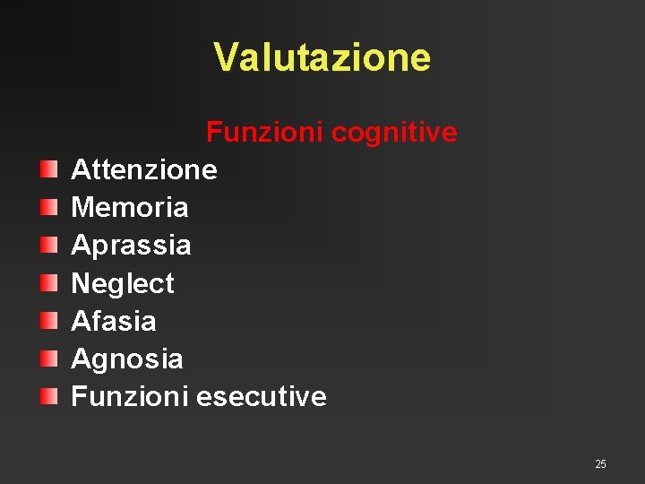 Valutazione Funzioni cognitive Attenzione Memoria Aprassia Neglect Afasia Agnosia Funzioni esecutive 25 