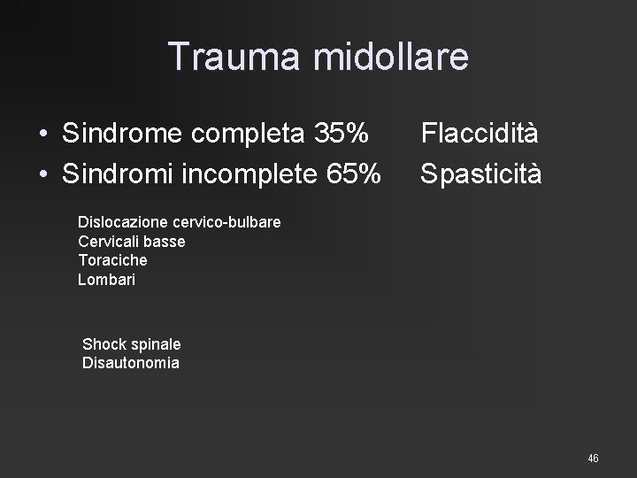 Trauma midollare • Sindrome completa 35% • Sindromi incomplete 65% Flaccidità Spasticità Dislocazione cervico-bulbare