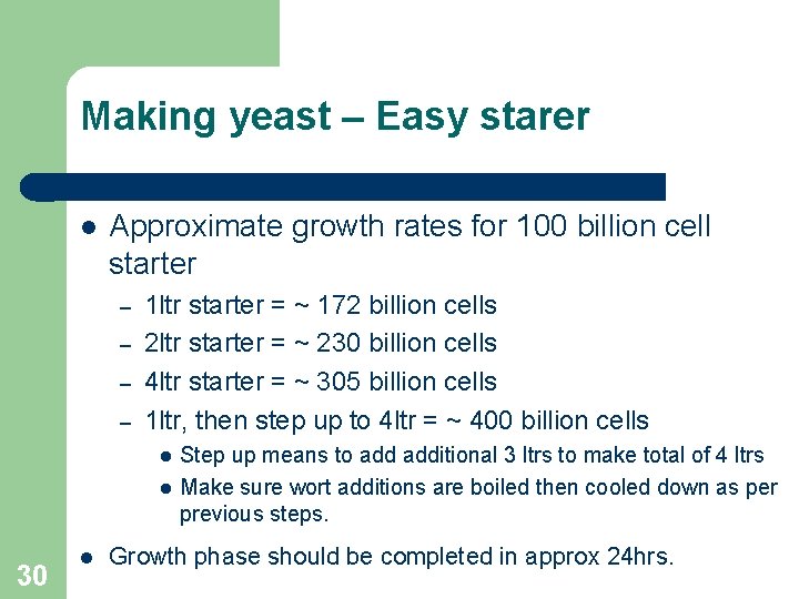 Making yeast – Easy starer Approximate growth rates for 100 billion cell starter –