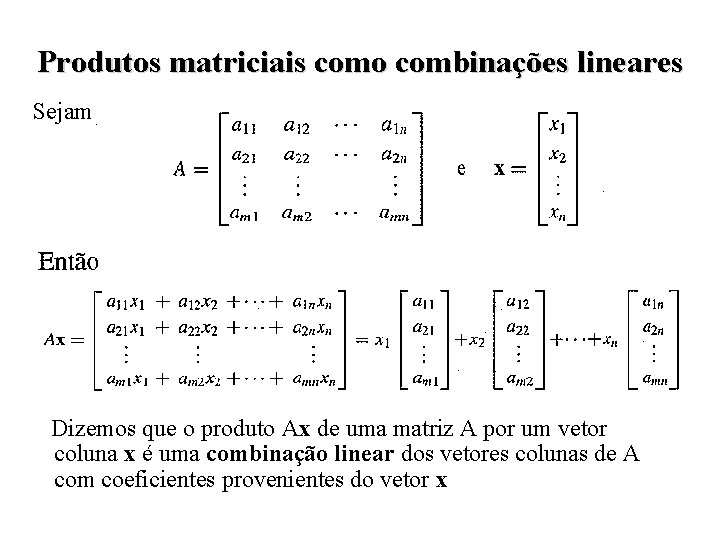 Produtos matriciais como combinações lineares Sejam Dizemos que o produto Ax de uma matriz