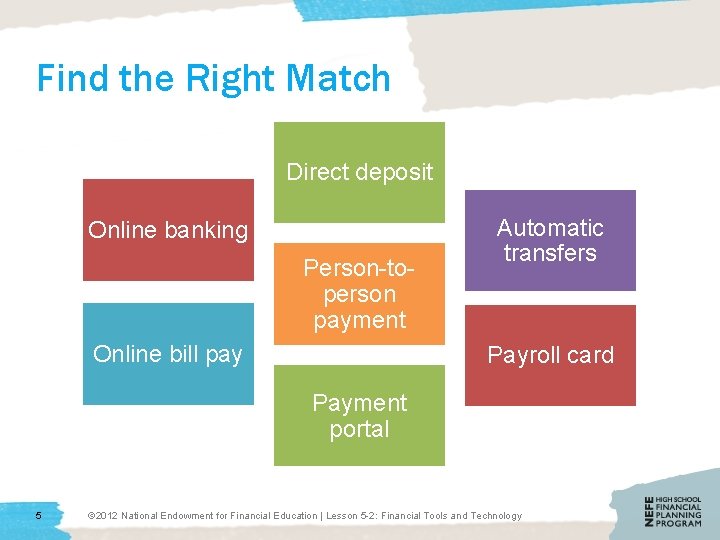 Find the Right Match Direct deposit Online banking Person-toperson payment Online bill pay Automatic